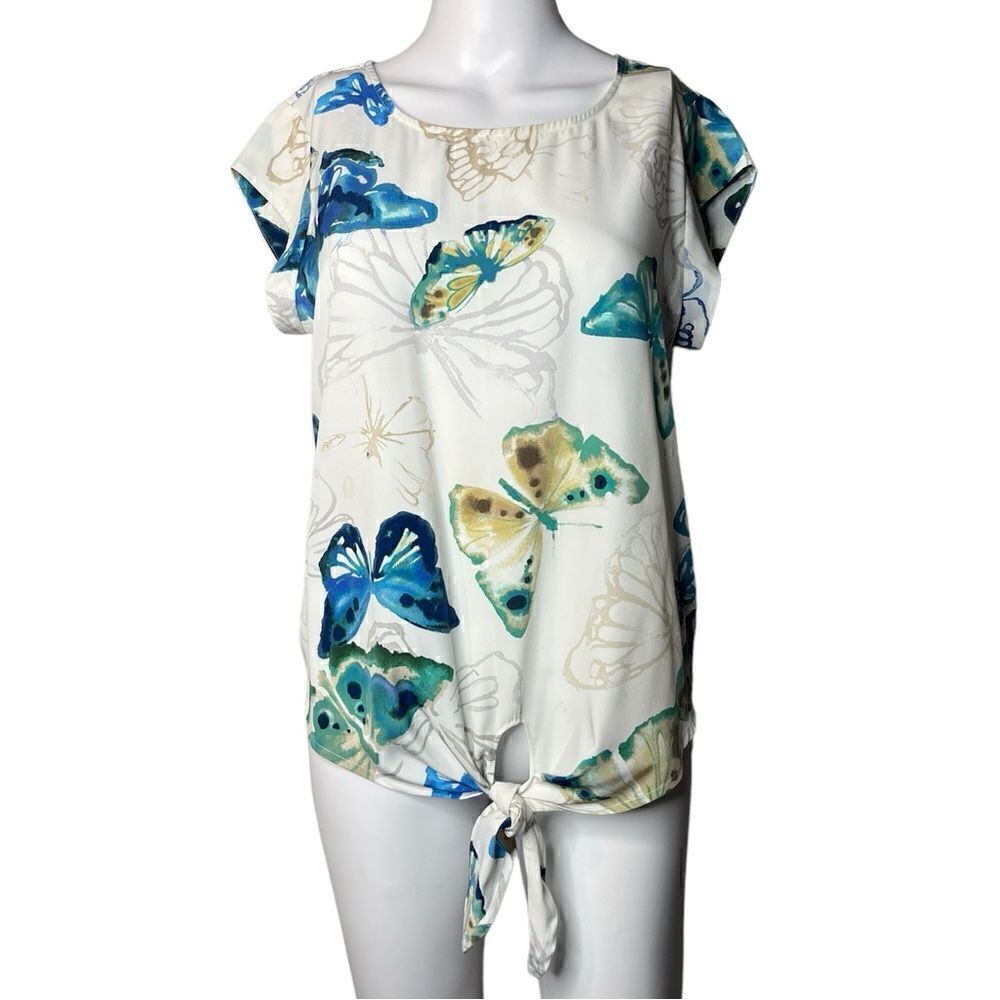 Chicos Butterfly Front Tie Short Sleeve Blouse Cream & Blue Size 0